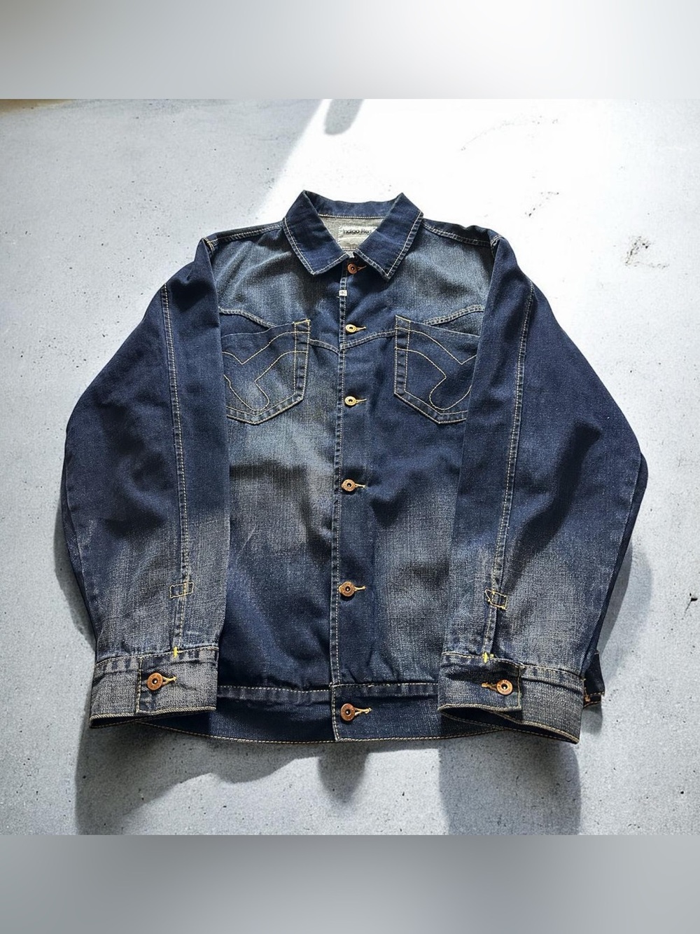 Vtg Indigo Red Denim Jacket Mens 2XL Blue Y2K Hip Hop